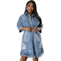 Women's Denim Ripped Tassel Sleeve Lapel Dress Dresses
