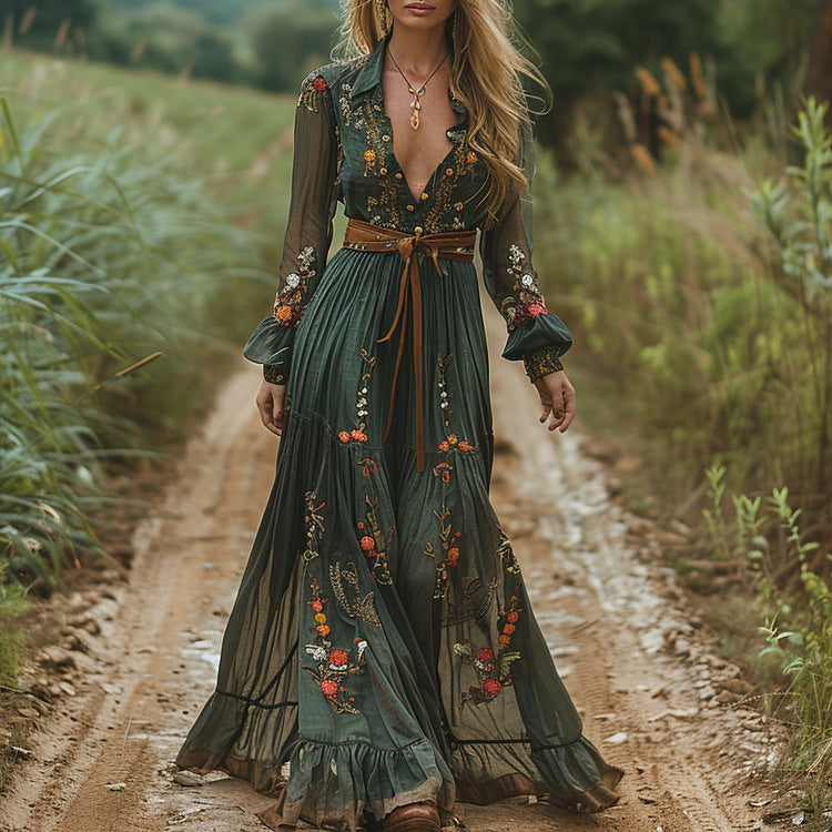 Women's Long Sleeve Printed Dress Collar Dresses