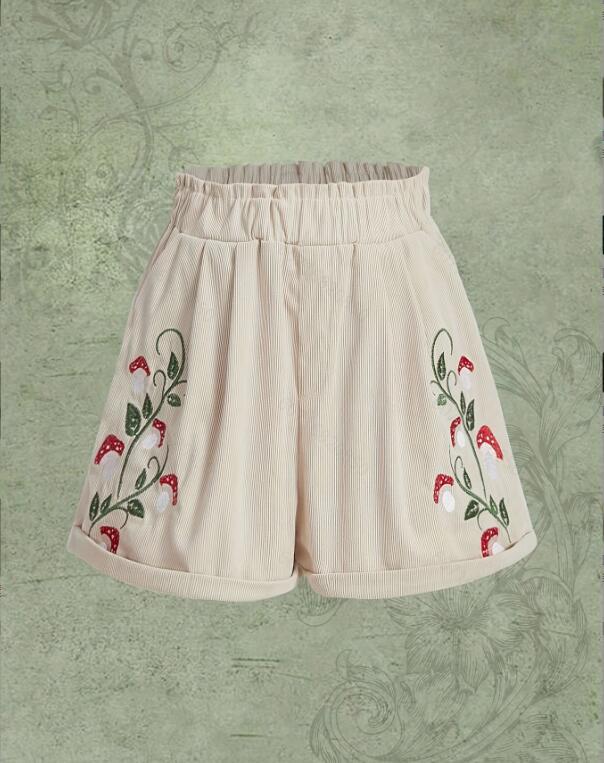 Corduroy Mushroom Embroidered Elastic Waist Casual Shorts