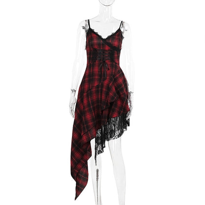 Women's Camisole Dark Irregular Stitching Hem Plaid Dresses