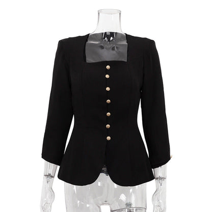 Style High-grade Square Collar Slimming Black Coats