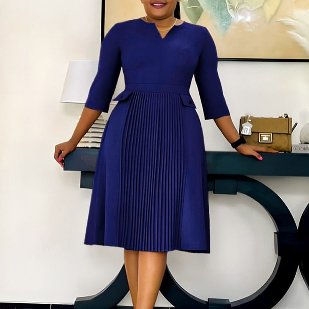 Women's Solid Color Fashion Pleated Sleeve African Dresses