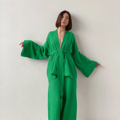 Women's French Style Loose Trousers Gauze Two-piece Solid Suits