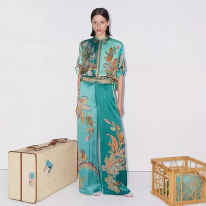 Vintage Printed Satin Sleeve Lapel Shirt Suits