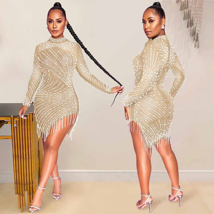 Nightclub Mesh Rhinestone Bubble Bead Tassel Dresses