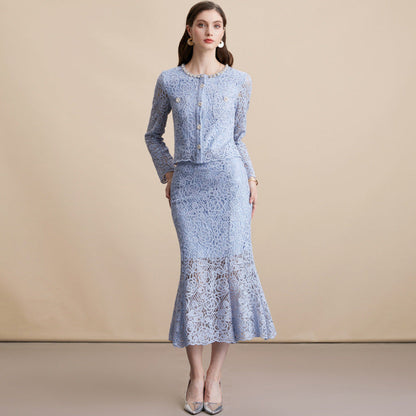 Diamond Round Neck Long Sleeve Crocheted Lace Dresses