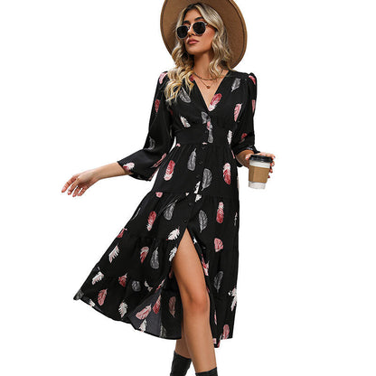 Romantic Elegant Colorful Feather Printed Sleeves Dresses
