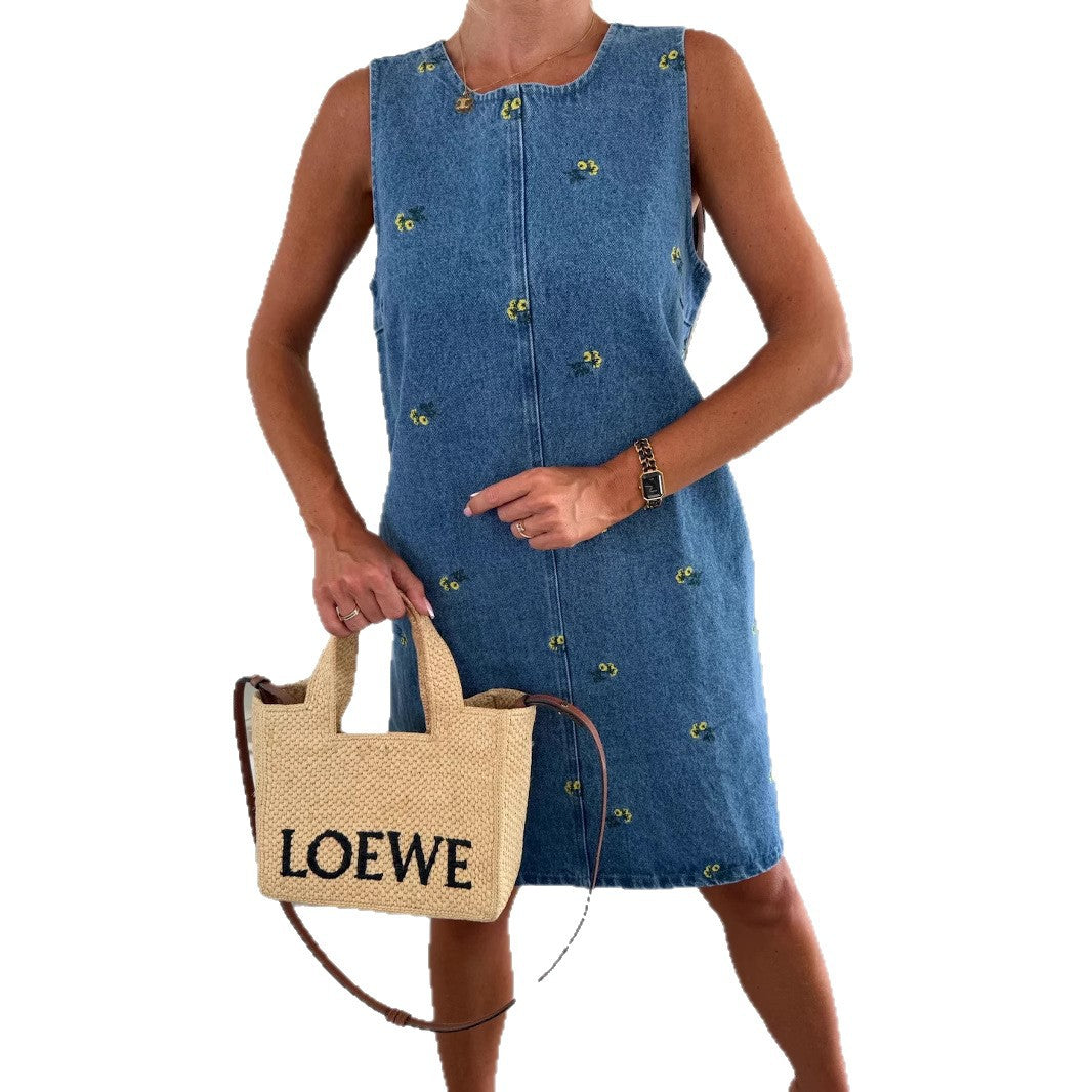 Fashion Casual Floral Loose Denim Sleeveless Dresses