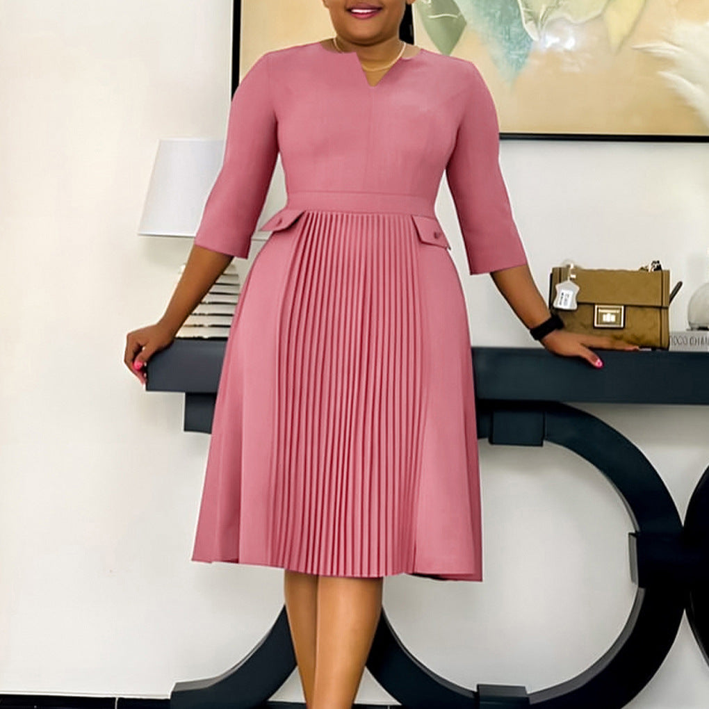 Women's Solid Color Fashion Pleated Sleeve African Dresses