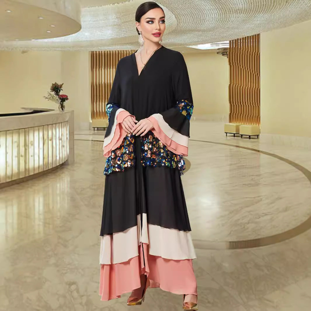 Women's Black Tiered Dress Colorful Sequined Bell Dresses
