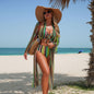 Mesh Swimsuit Women Split Three Piece Set Striped Lace up Long Sleeve Blouse