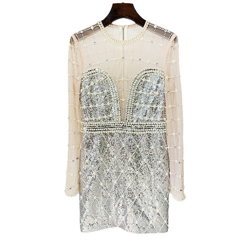 Fashion Pearl Beaded Sequins Long Sleeve Dresses