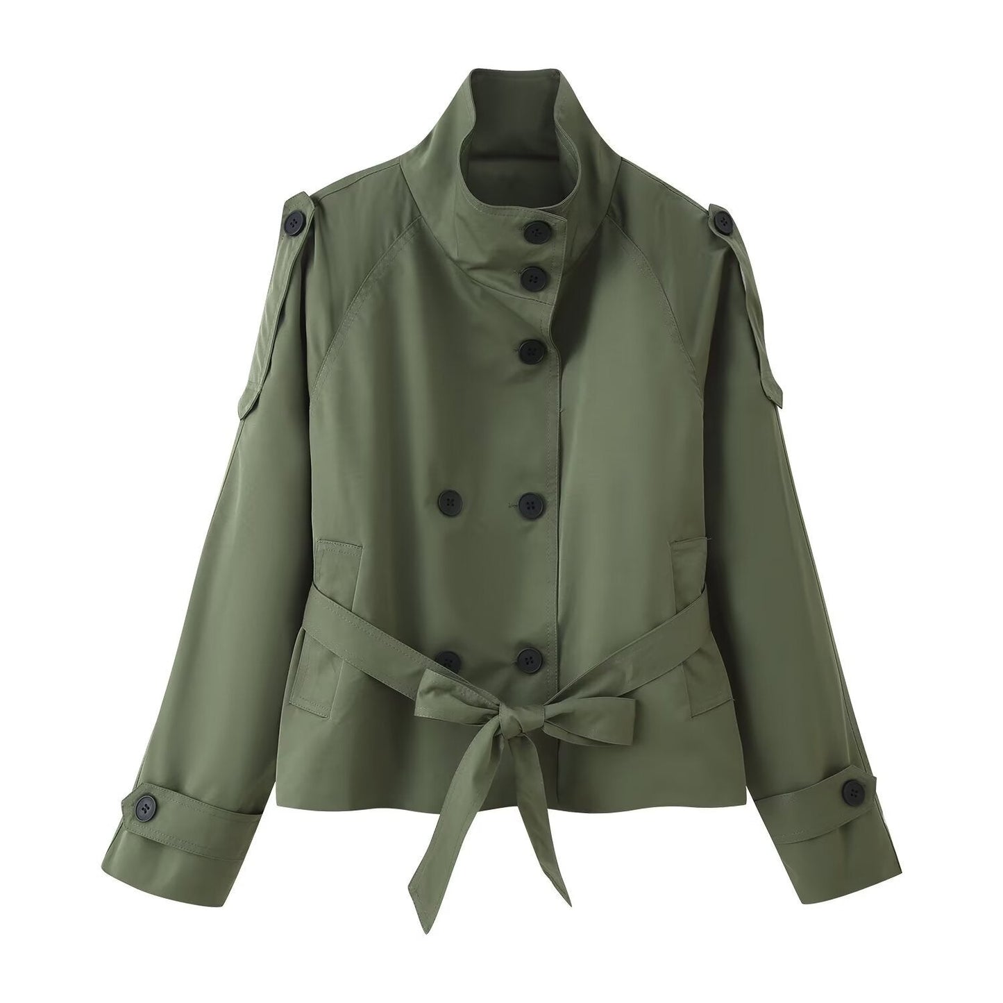 Women's Collar Long Sleeve Double Breasted Knotted Pocket Casual Coats