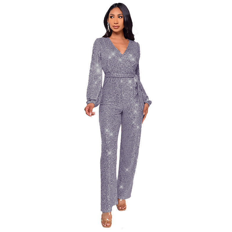 Women's Deep V Fashion Casual Long Sleeve Jumpsuits