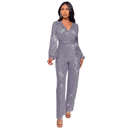 Women's Deep V Fashion Casual Long Sleeve Jumpsuits