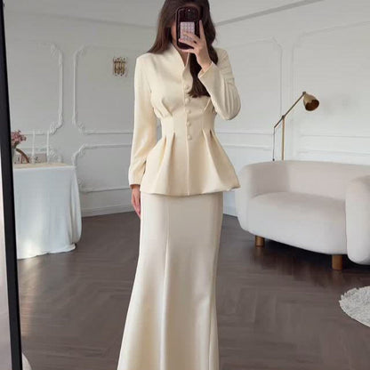 Women's Solid Color Long-sleeved Long Dress Graceful Suits