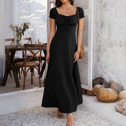 Women's Pure Color Tied Pleating Puff Sleeve Dresses