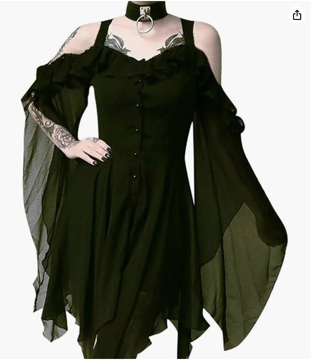 Color Strap Large Swing Sleeve Irregular Dresses