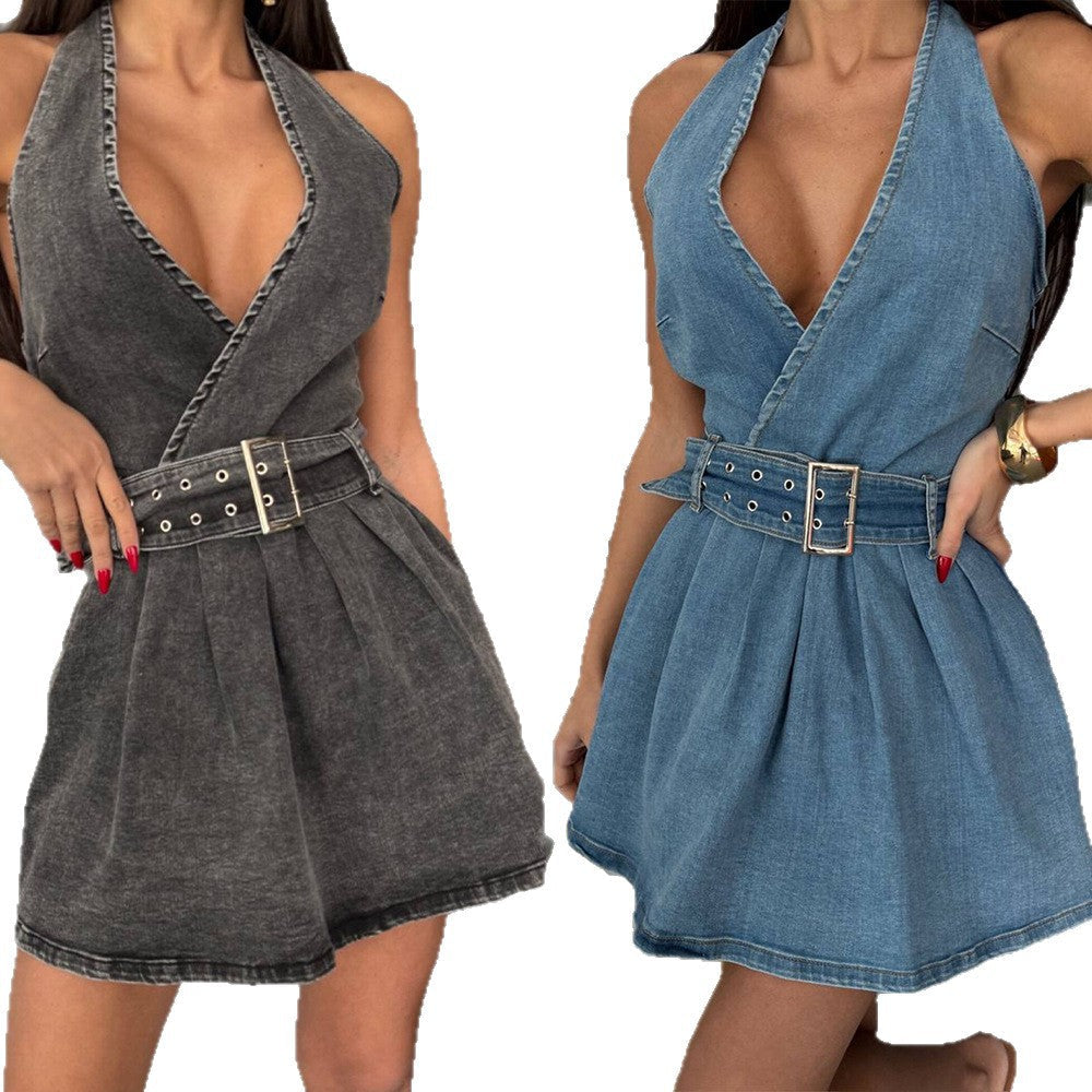 Women's Summer Street Fashion Belt Hanging Collar Backless Dresses