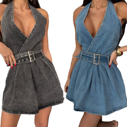 Women's Summer Street Fashion Belt Hanging Collar Backless Dresses