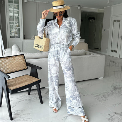 Women's Ink Painting Printing Lapel Shirt High Waist Suits