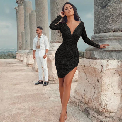 Women's Sexy Deep V Long Sleeve Slim Dresses