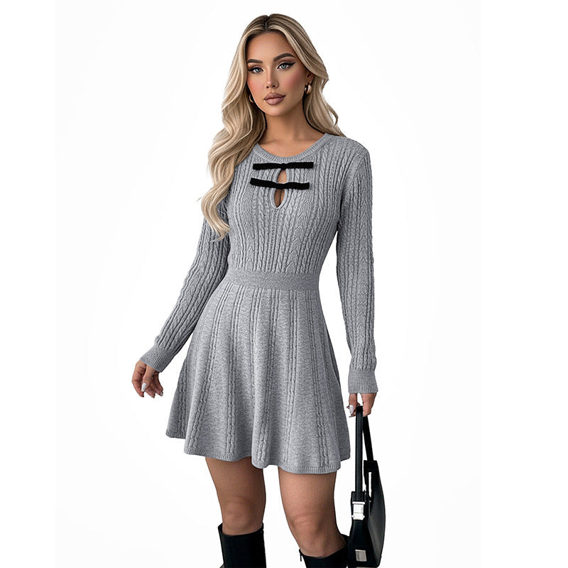 Elegant Style Woolen Bow Decoration Gray Dresses