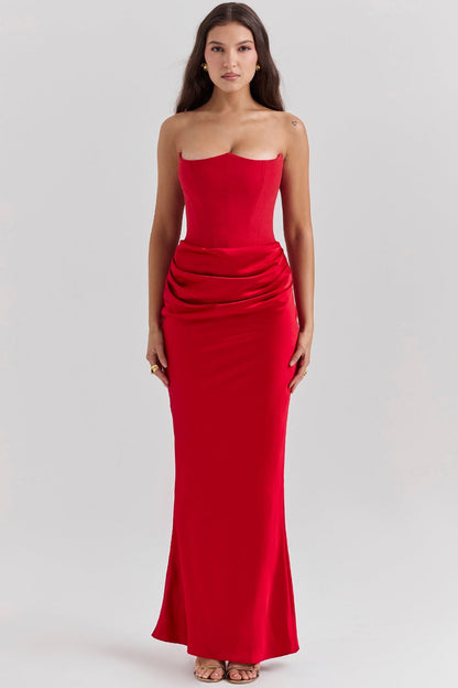 Women's Red Tube Fishbone Sexy Slim Fishtail Dress Long Tops