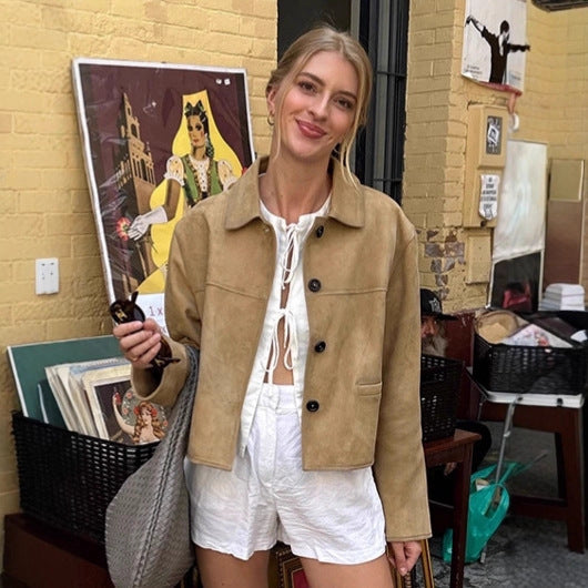 Women's Style Suede Autumn Commuter Khaki Polo Coats