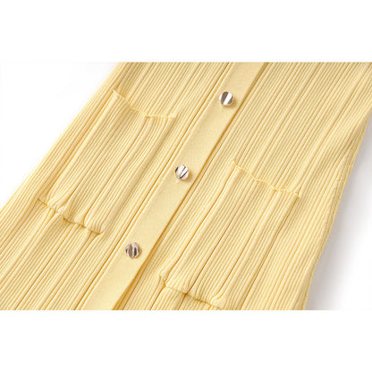 Bright Yellow Collar Long Sleeve Knitted Dresses