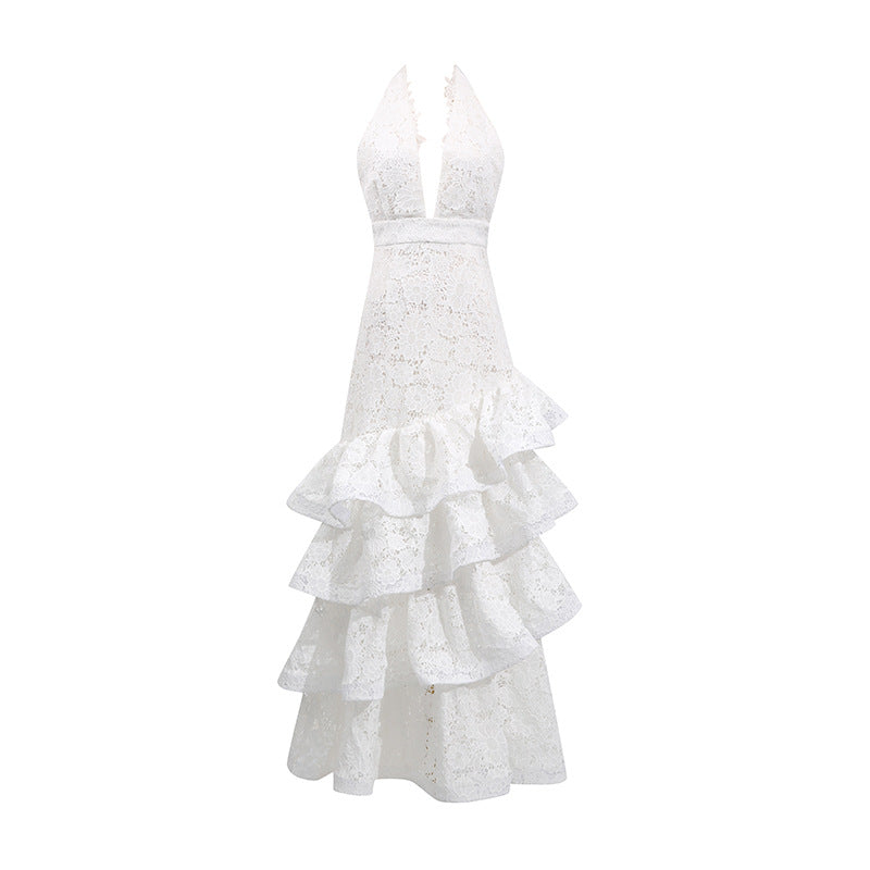 French Elegant Ruffled Long Dress Pure White Dresses