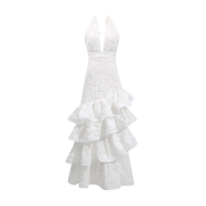 French Elegant Ruffled Long Dress Pure White Dresses