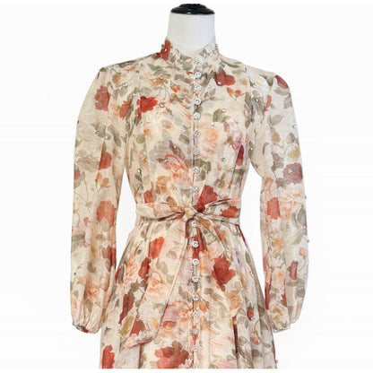 Women's Retro Printed Light Luxury Rhinestone Single-breasted Dresses