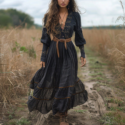Women's Retro Long-sleeved Dress Pastoral Style Casual Dresses