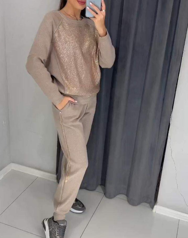 Women's Solid Color Rhinestone Long Sleeve Round Suits