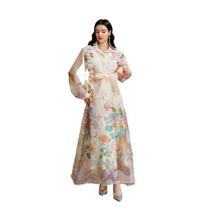 Women's Autumn Three-dimensional Floral Holiday Lapel Lantern Sleeve Dresses