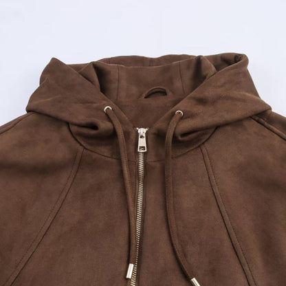 Women's Loose Hooded Suede Texture Effect Jackets