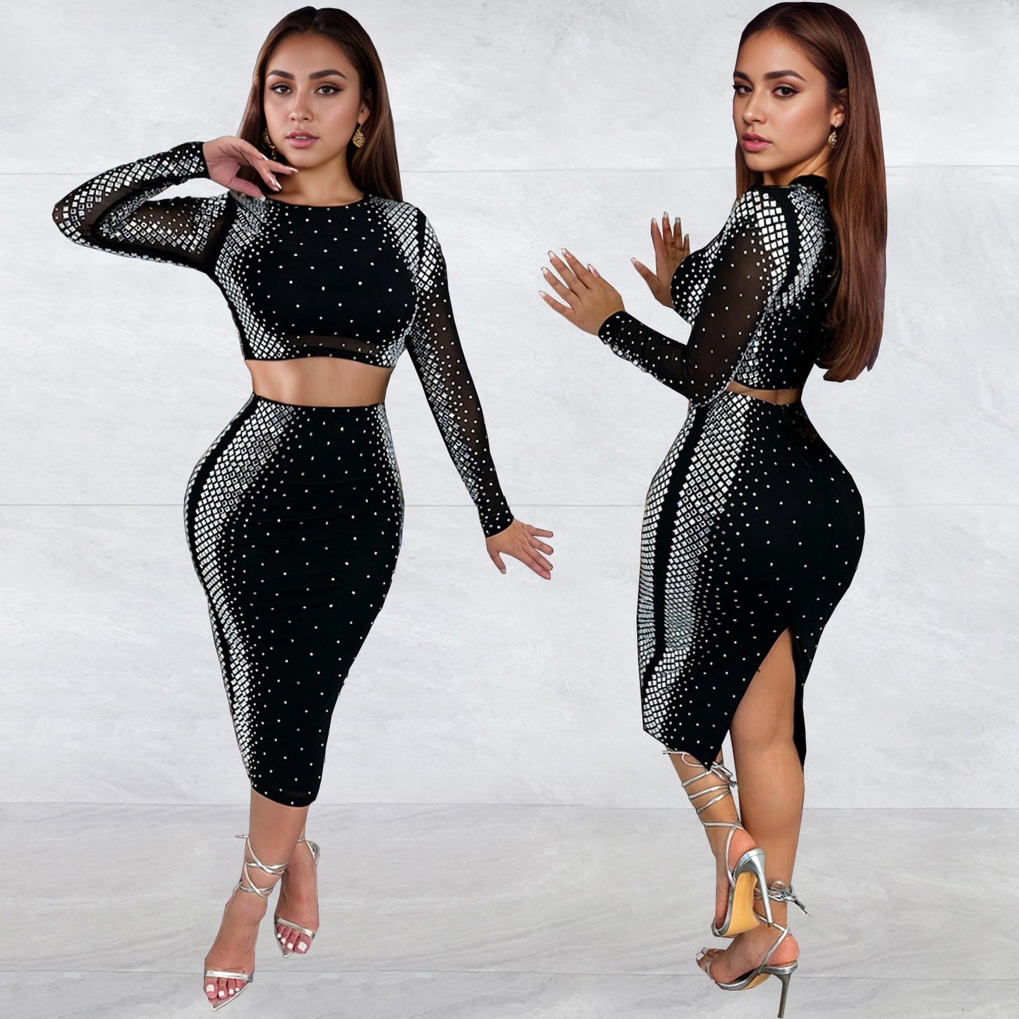 Women's Wear Rhinestone Long Sleeve Two-piece Slim Suits