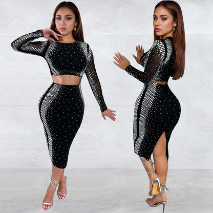Women's Wear Rhinestone Long Sleeve Two-piece Slim Suits