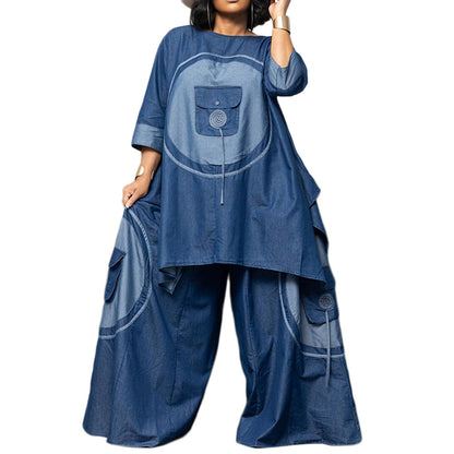 Three Large Organ Pocket Faux Denim Suits