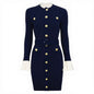 Long Sleeve Round Neck Belt Knitted Dresses