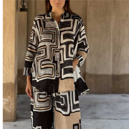 Women's Fashion Cotton Linen Printed Long Sleeve Suits