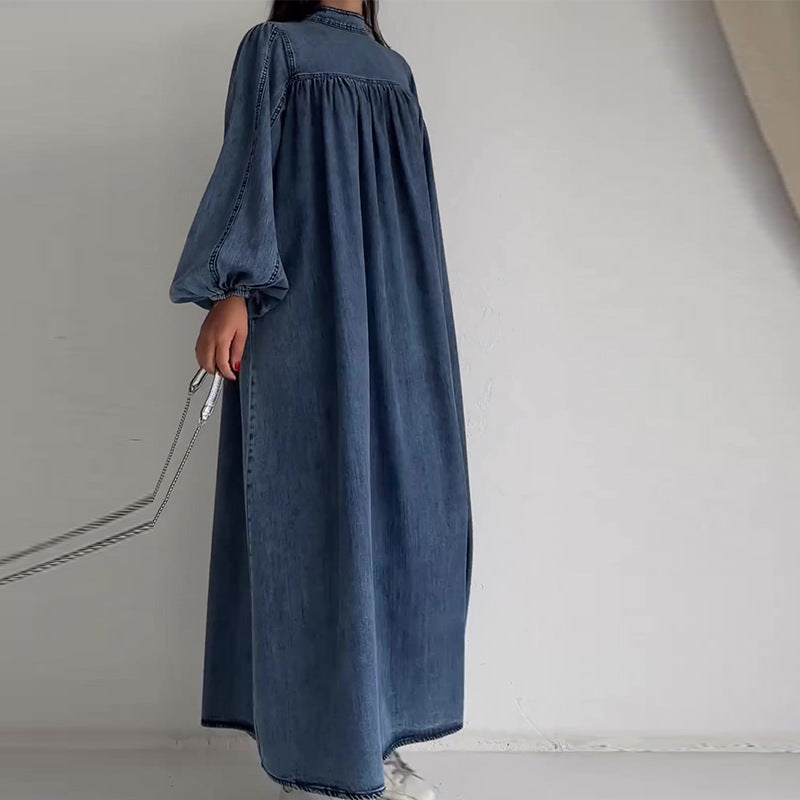 Round Neck Solid Color Loose Casual Long Dresses