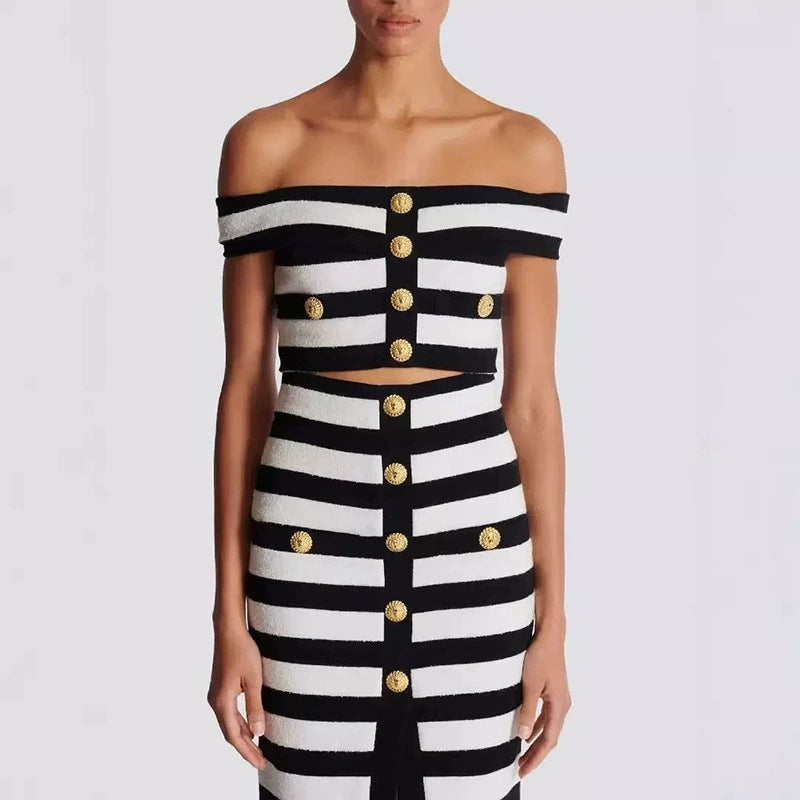 Women's Sexy Gold Buckle Black White Striped Dresses