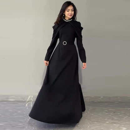 Women's Elegant Collar Open Diamond Black Long Dresses