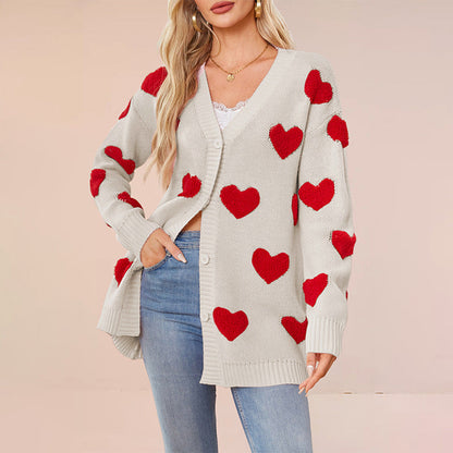 Women's Valentine's Day Heart Knitted Buttons Mid-length Sweaters