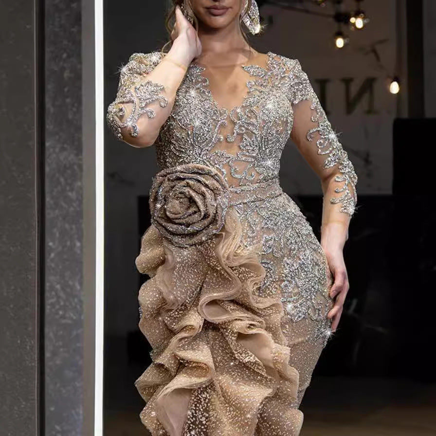 Women's Sexy Gold Long Sleeve Banquet Dress Wedding Dresses