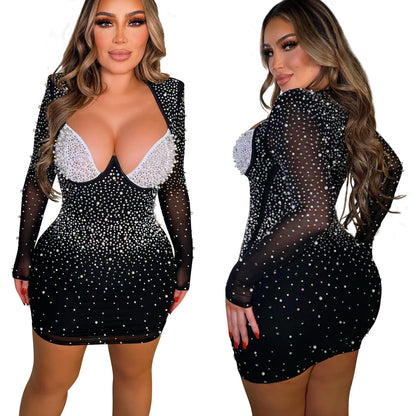 Women's Fashion Wear Pure Color Mesh Rhinestone Long Dresses