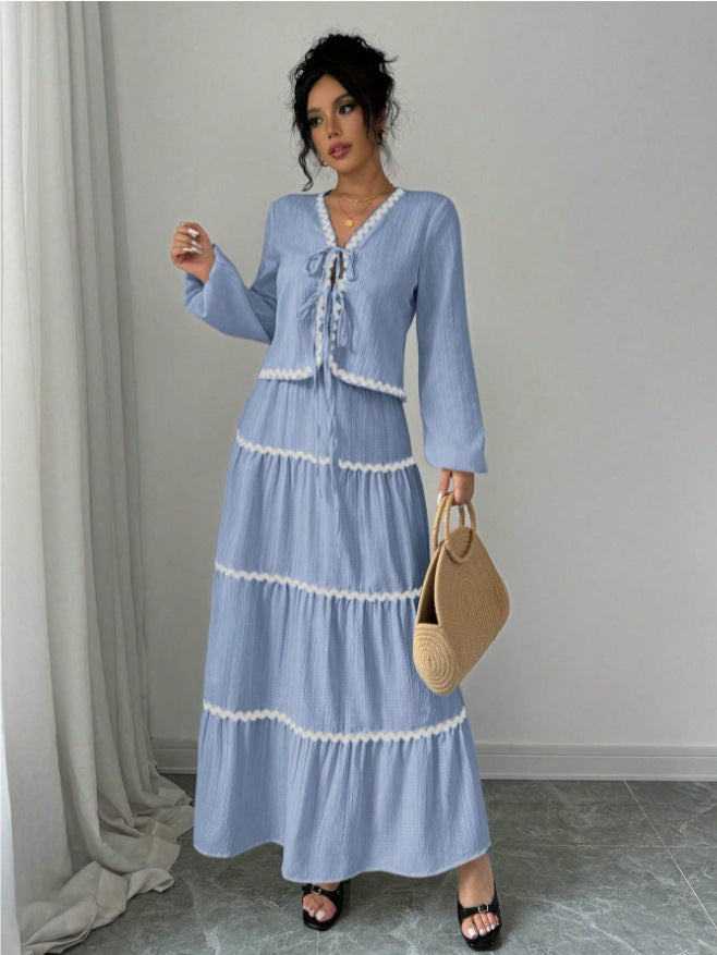 Women's Lace Layered Pleated Lantern Sleeve Bow Suits