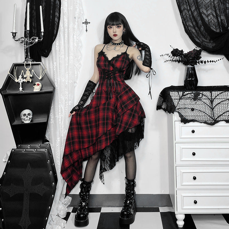 Women's Camisole Dark Irregular Stitching Hem Plaid Dresses